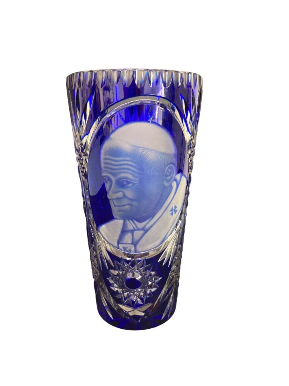 Pope John Paul II Cobalt Blue Cut To Clear Bohemian Glass Vase